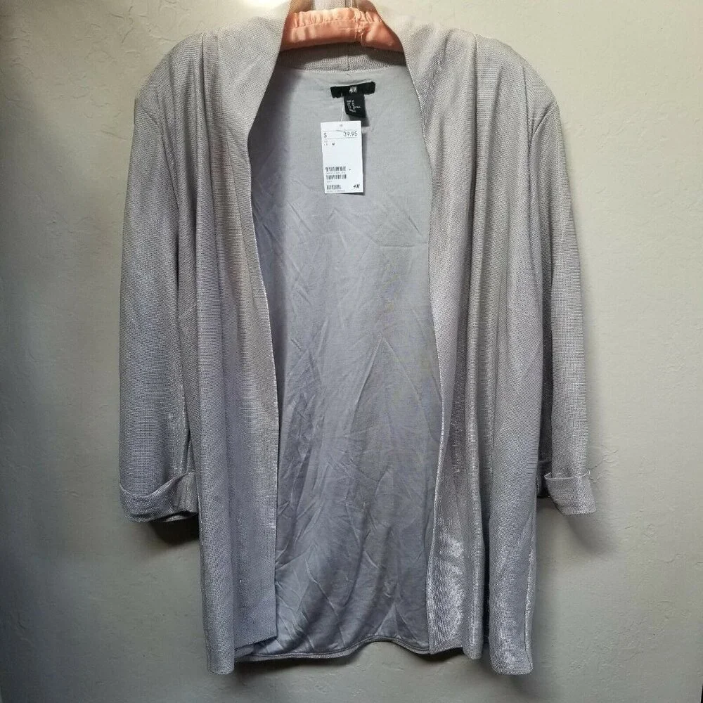 H&M Women Gold Metallic Glitter Open Front Knit Cardigan Sweater Medium Gray New